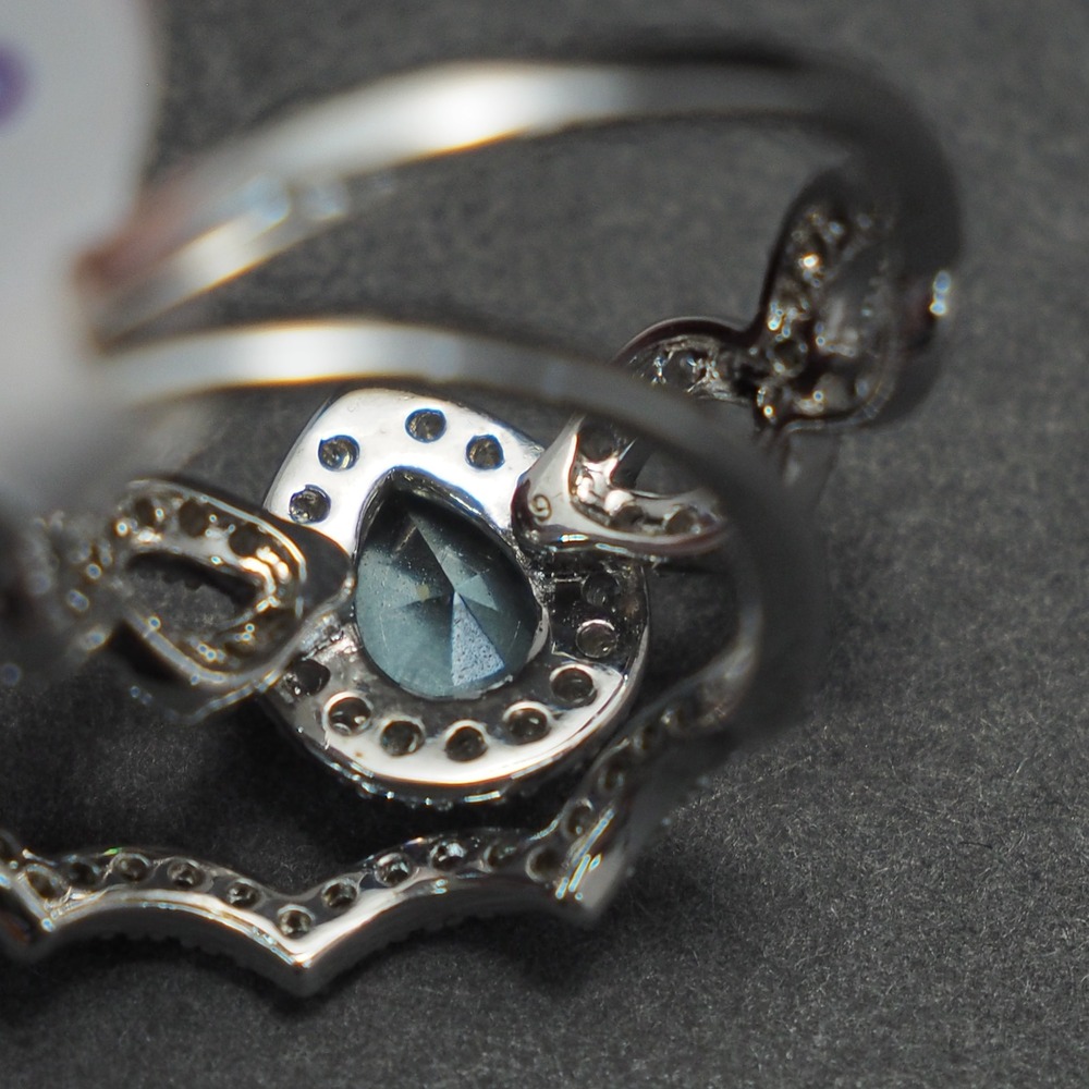 Ring Set 2pc Blue Pear Rhinestone March Birthstone Halo Infinity Silver Tone - Picture 6 of 8